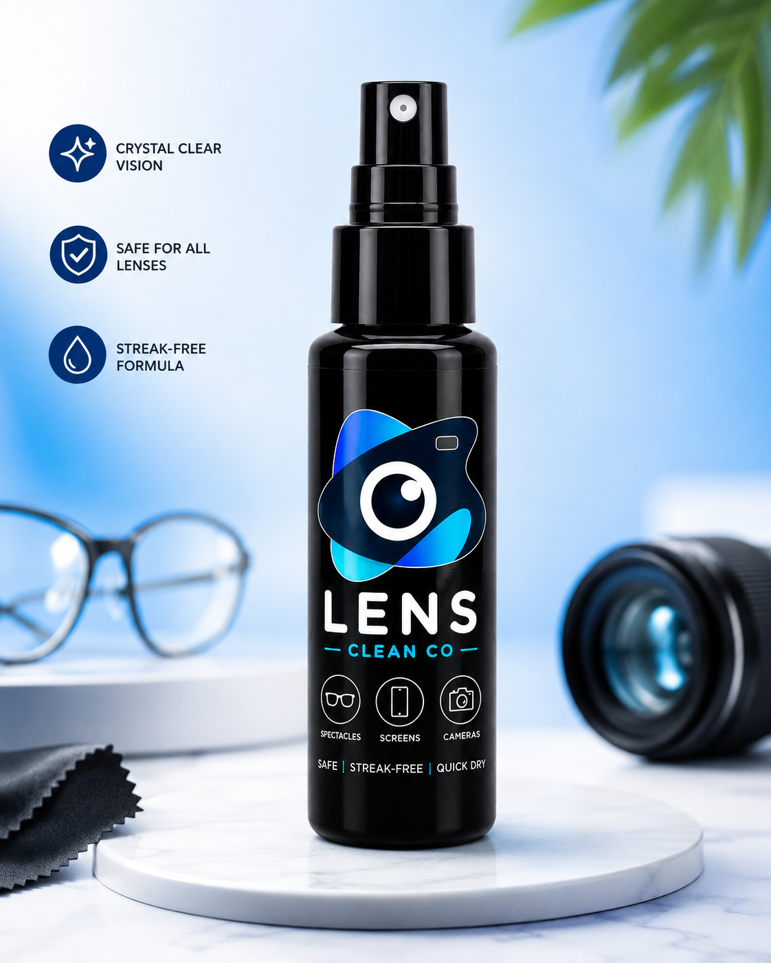 CLARO lens cleaning spray bottle, close up on reflective surface